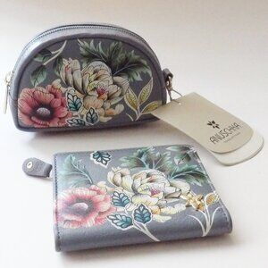 Anuschka Grey Evening Floral Hand Painted Leather Wallet & Coin Purse Bundle NEW